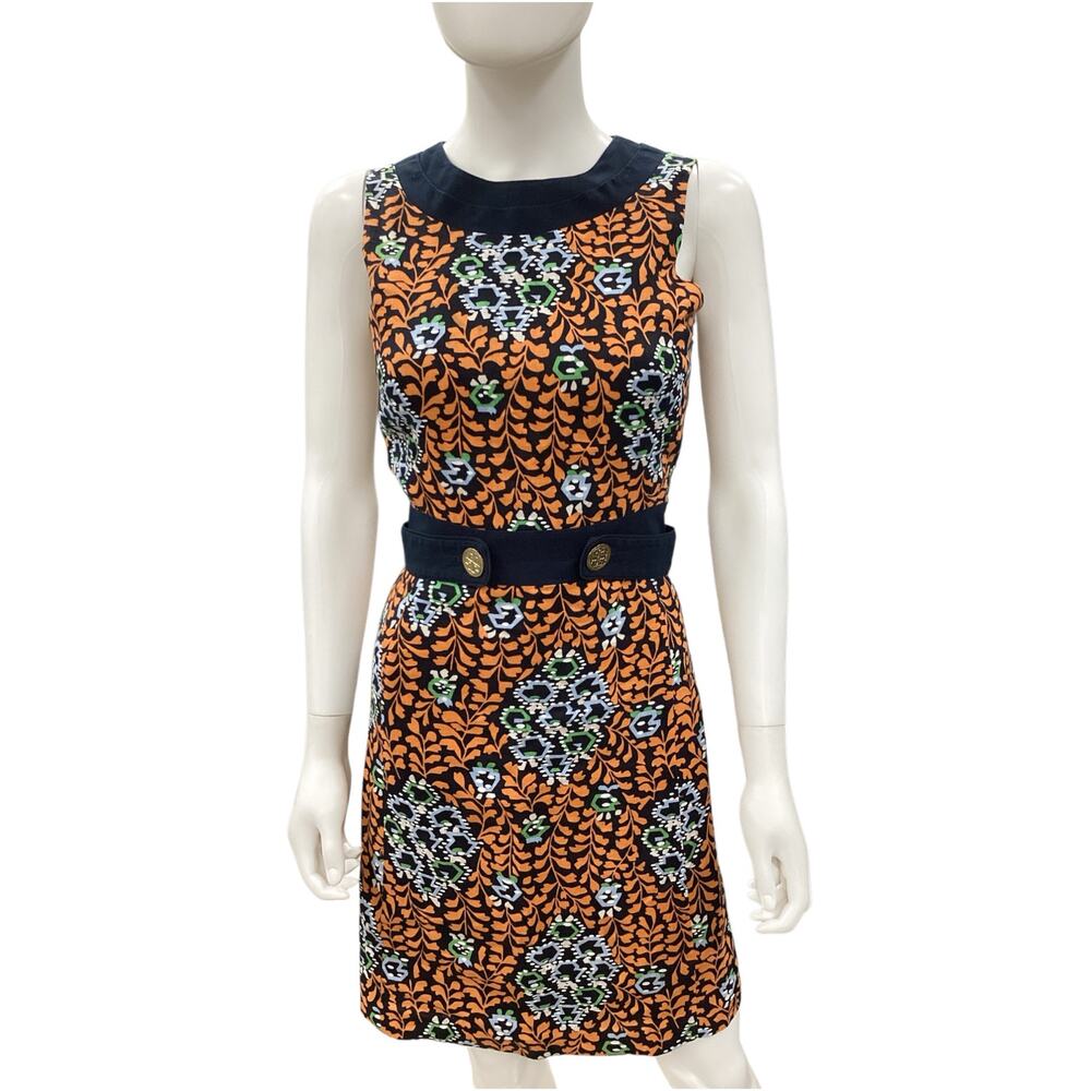 Tory Burch Dress Women’s Size 2 Melanie Sheath Dress 100% Linen Navy & Orange
